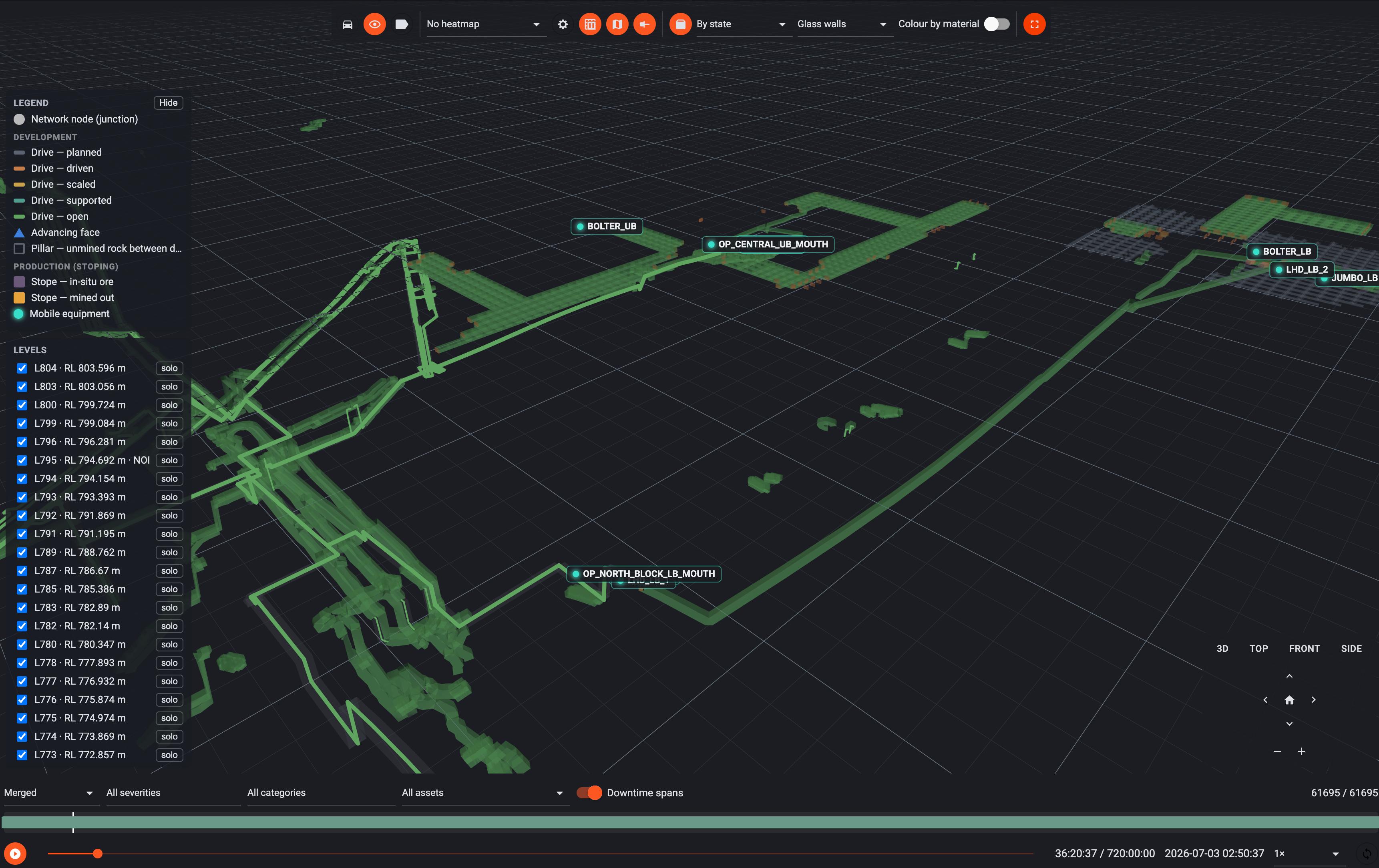 Helm 3D twin - an underground mine rendered as a live 3D model: development drives glowing green by state, with equipment tags tracking machines through the workings